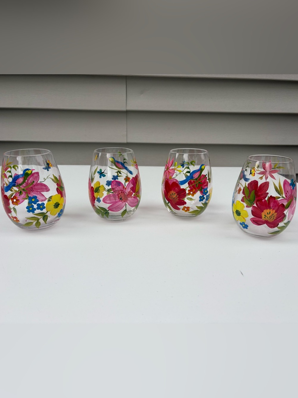 Set of 4 Floral Painted Stemless Wine Glasses